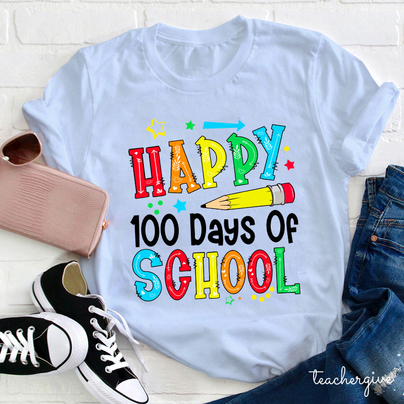 Pencil Happy 100 Days Of School Starry Teacher T-Shirt