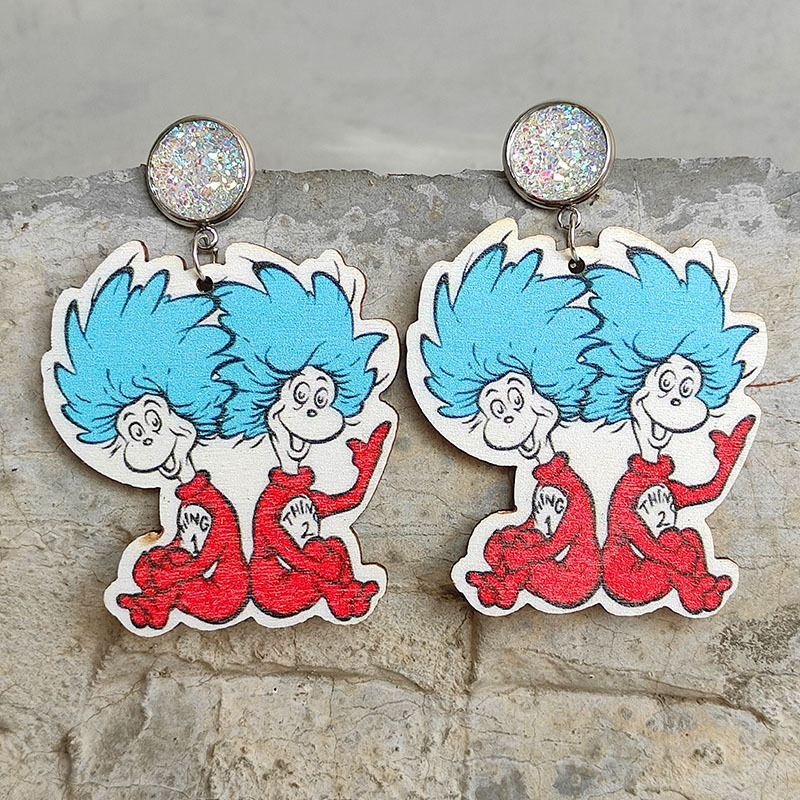 Tiny Humans In Blue Hair  Wooden Earrings