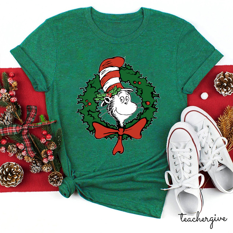 The Cat In The Hat With A Christmas Wreath Teacher T-Shirt