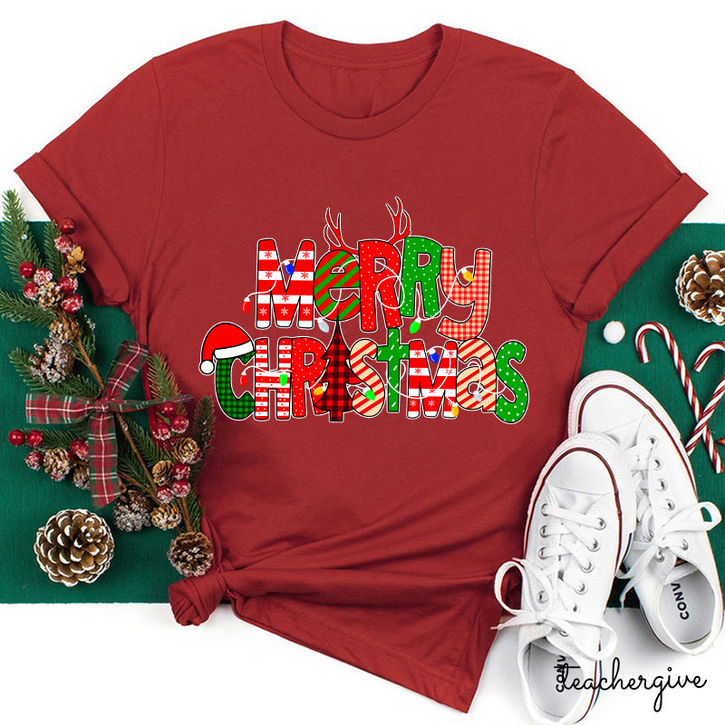 Merry Christmas With Rich Pattern Teacher T-Shirt