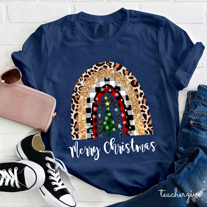 Merry Christmas A Christmas Tree In The Snow Teacher T-Shirt