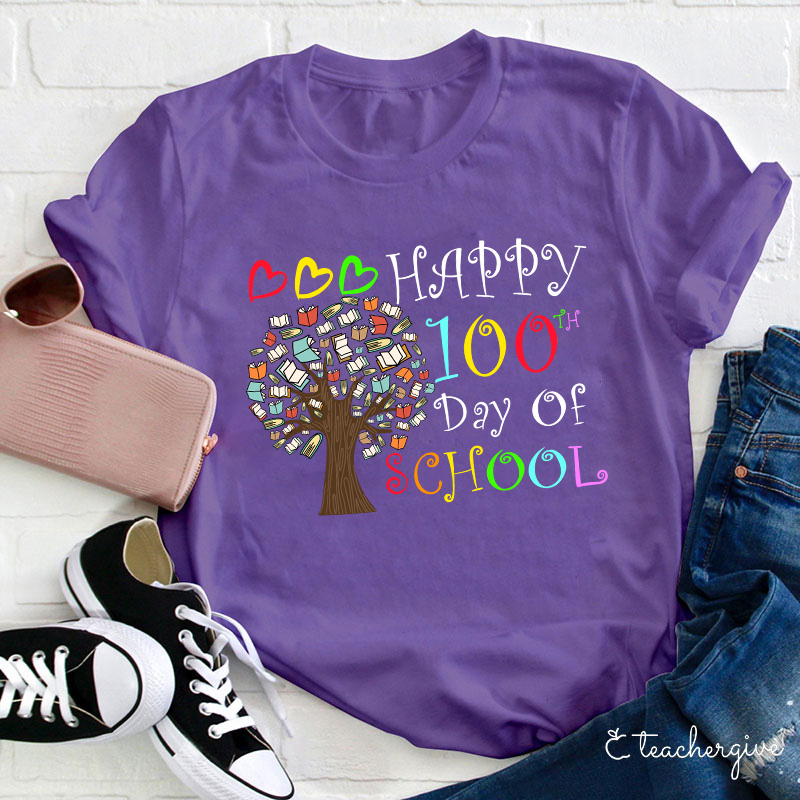 Happy 100 Day Of School Book Tree Teacher T-Shirt