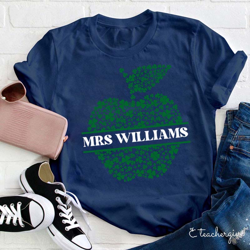 Personalized Name Apple-Shaped Clovers Teacher T-Shirt