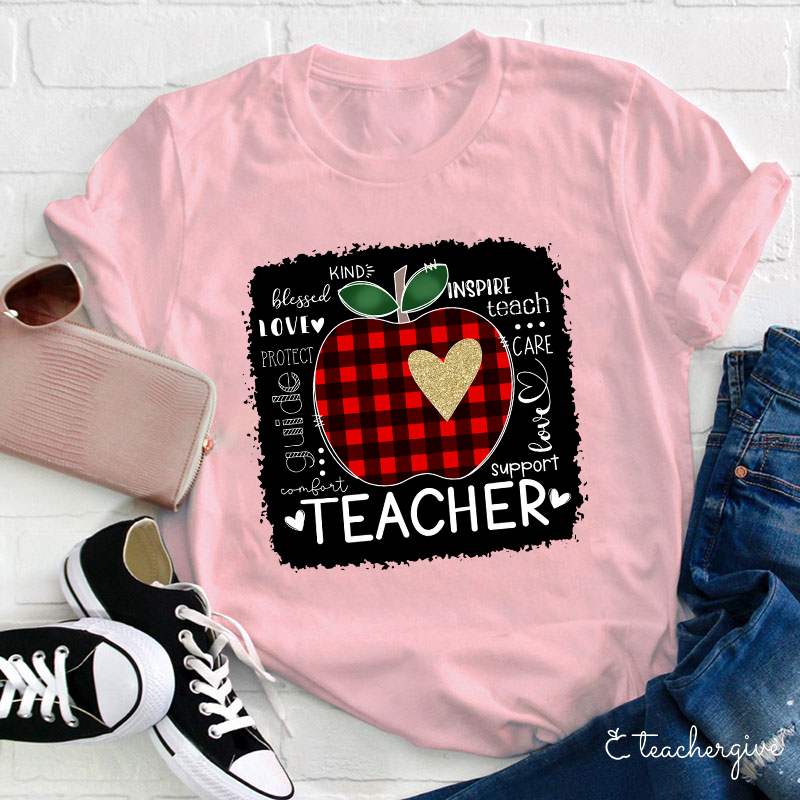 Red Plaid Apple Teacher Life Teacher T-Shirt