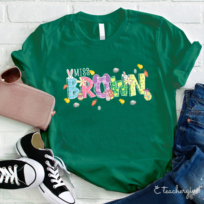 Personalized Easter Bunnies Hoppy Day Teacher T-Shirt
