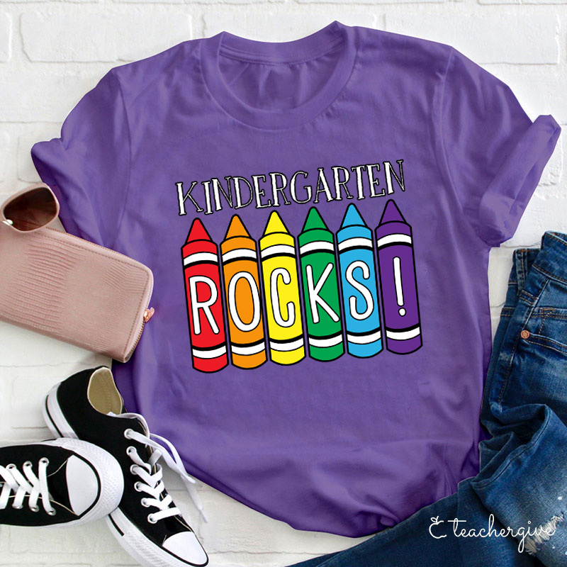 Personalized Grade Crayons Kindergarten Rocks Teacher T-Shirt