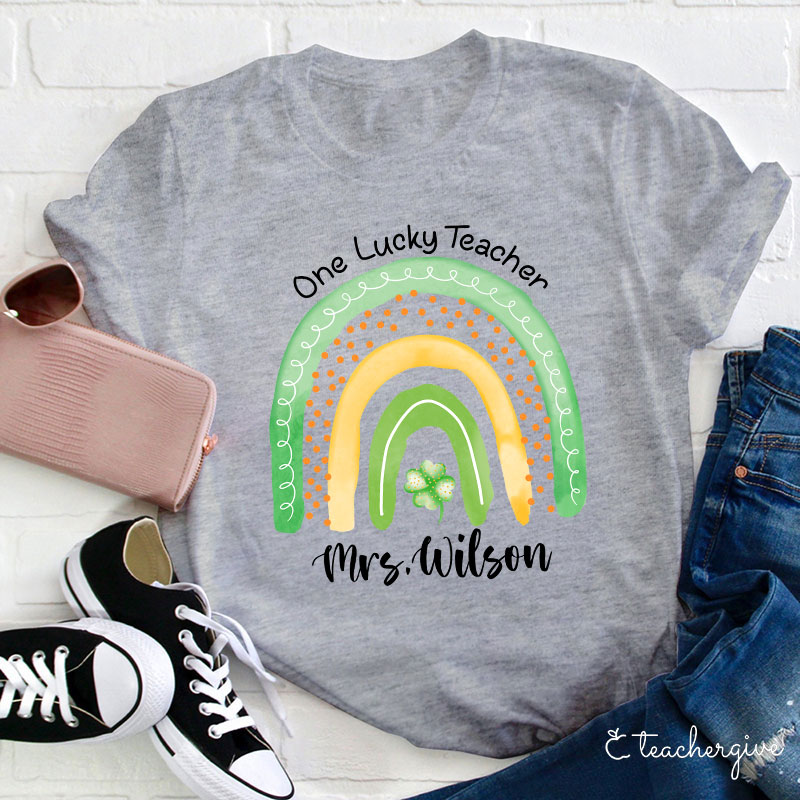 Personalized Name One Lucky Teacher Clover Rainbow Teacher T-Shirt