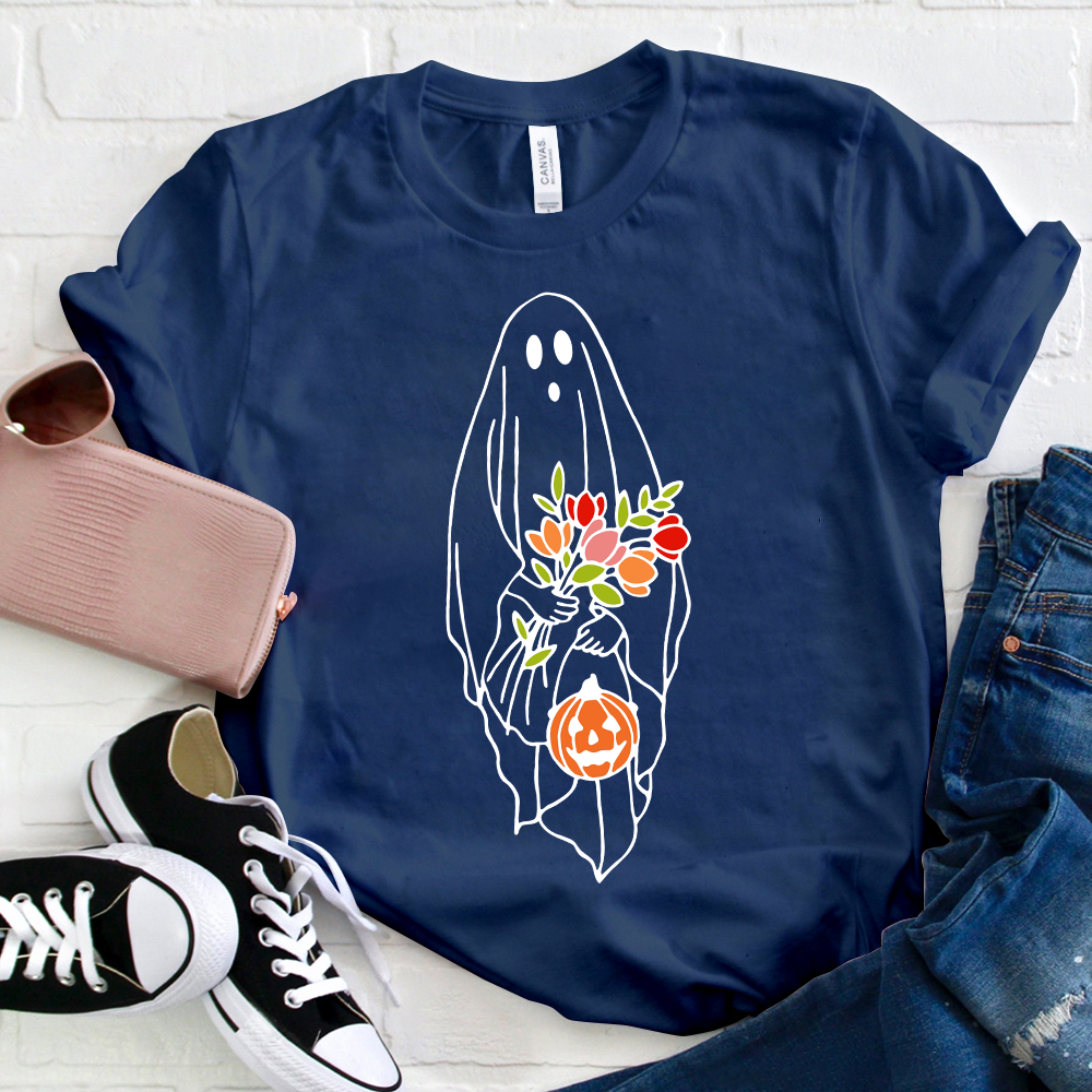 Halloween Ghost Holding Flowers Pumpkin T-Shirt