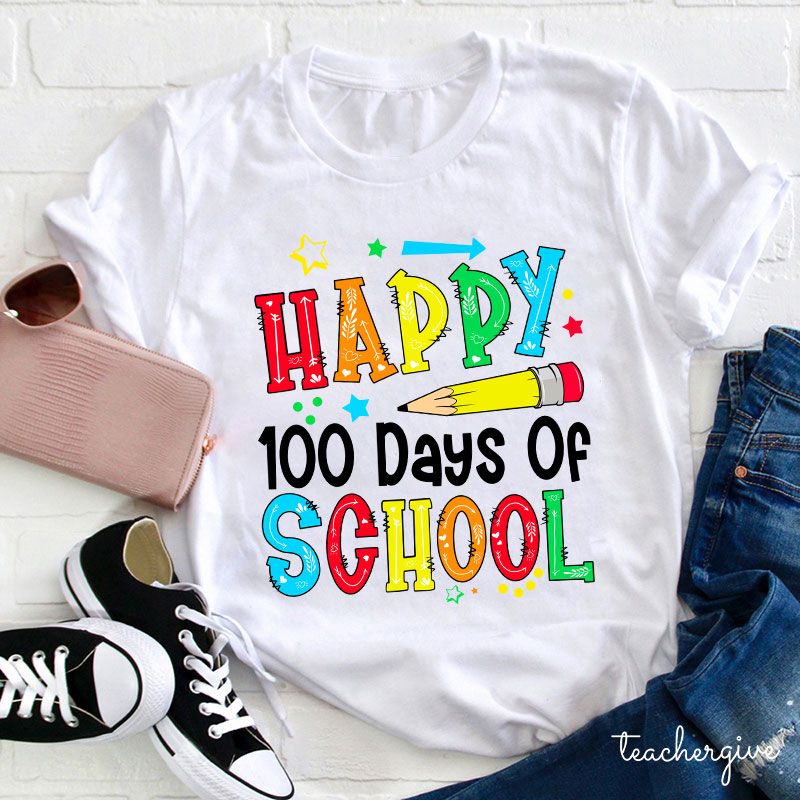 Pencil Happy 100 Days Of School Starry Teacher T-Shirt