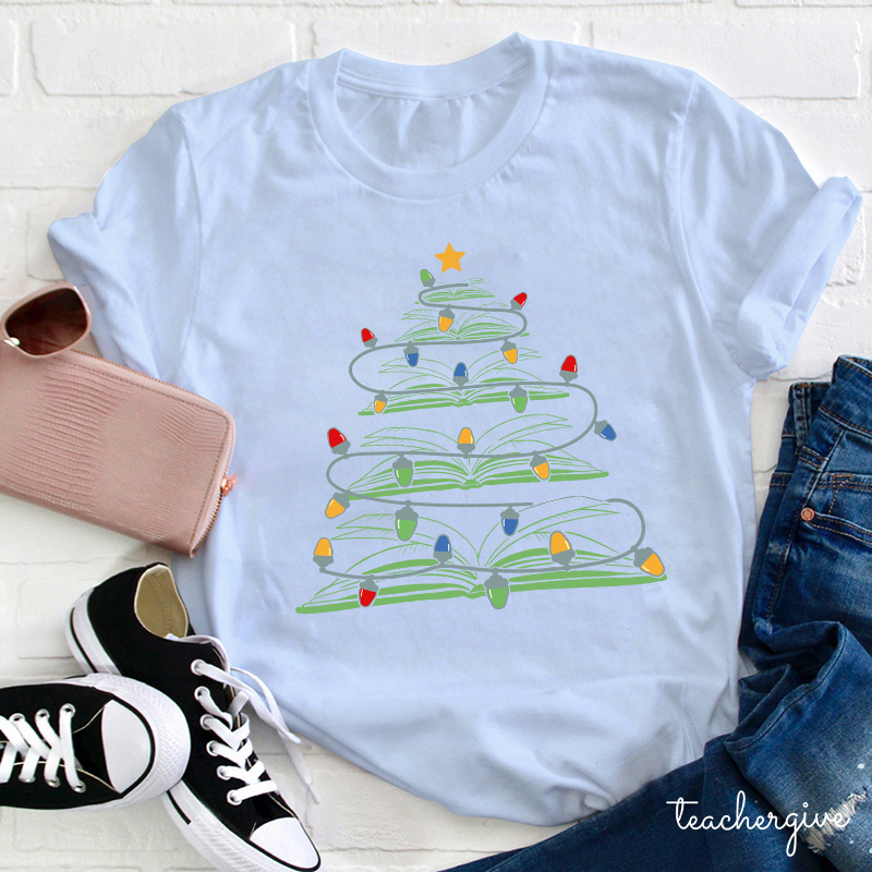Christmas Tree Made Of Books Teacher T-Shirt