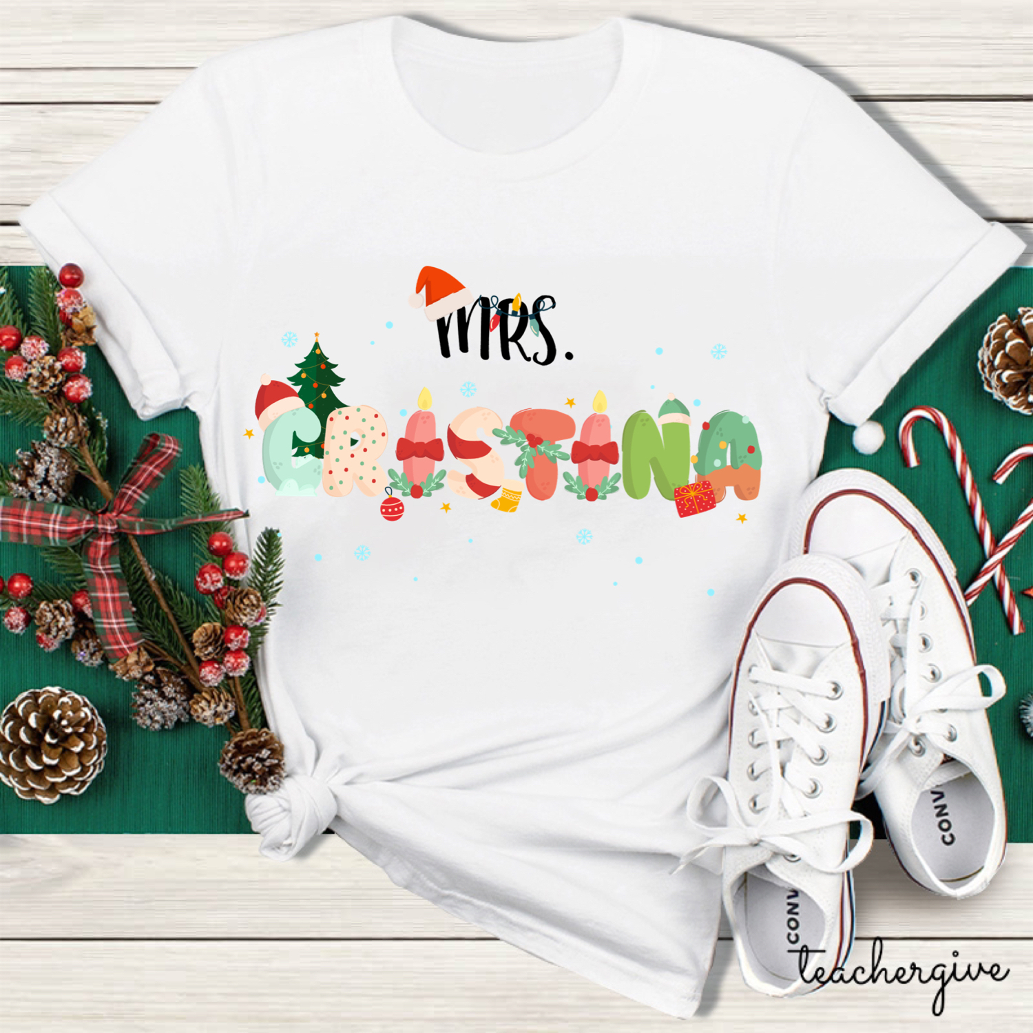 Personalized Name Christmas Cute Letter Teacher T-Shirt