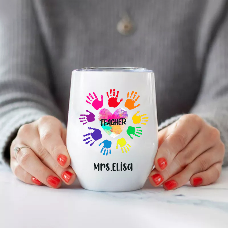 Personalized Colorful Hands Teacher Letter  Wine Tumbler