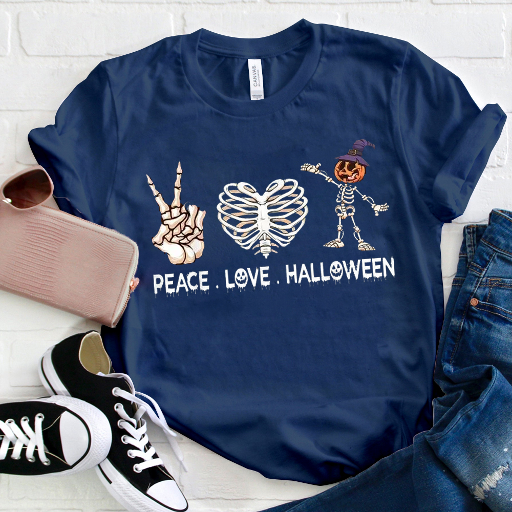 Peace And Love And Halloween Skeleton T-Shirt