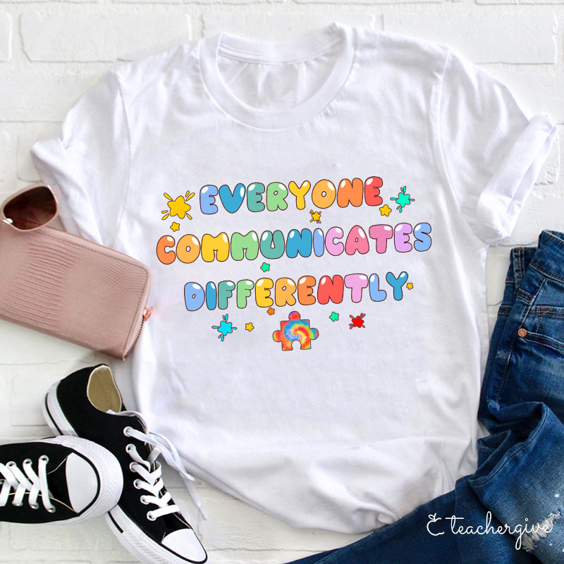 Everyone Communicates Differently Colored Puzzle Teacher T-Shirt-Teachergive