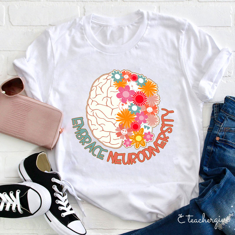 Embrace Neurodiversity Floral Brain Smile Faces Teacher T-Shirt