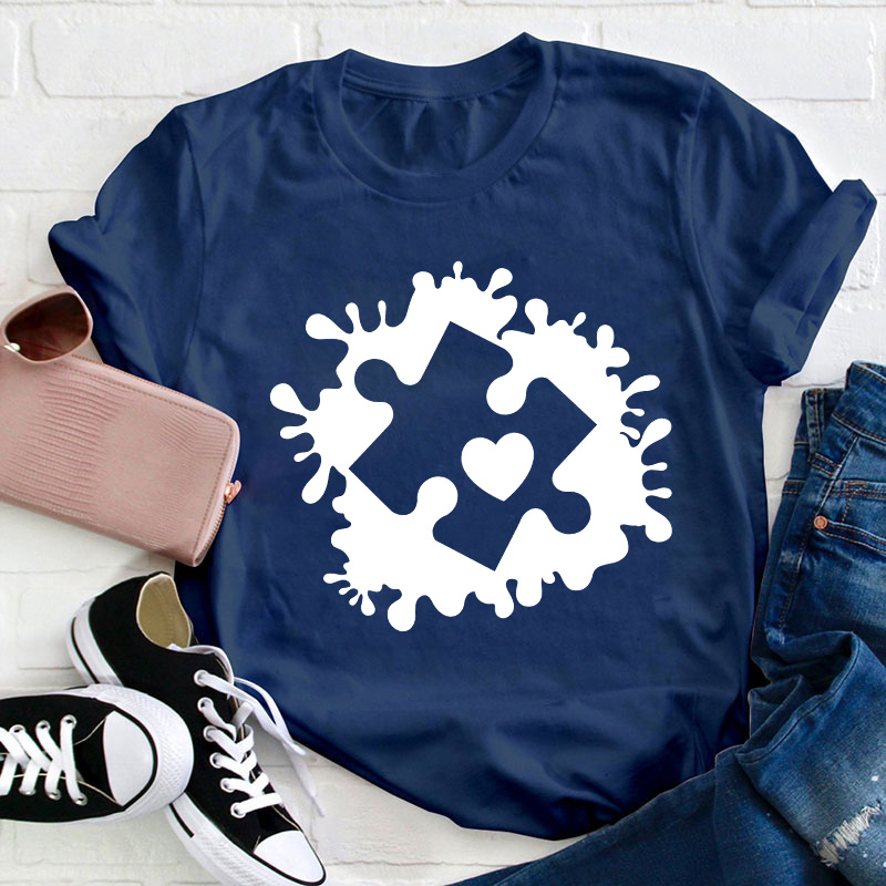 Puzzle Paint Splatter Autism Awareness Teacher T-Shirt