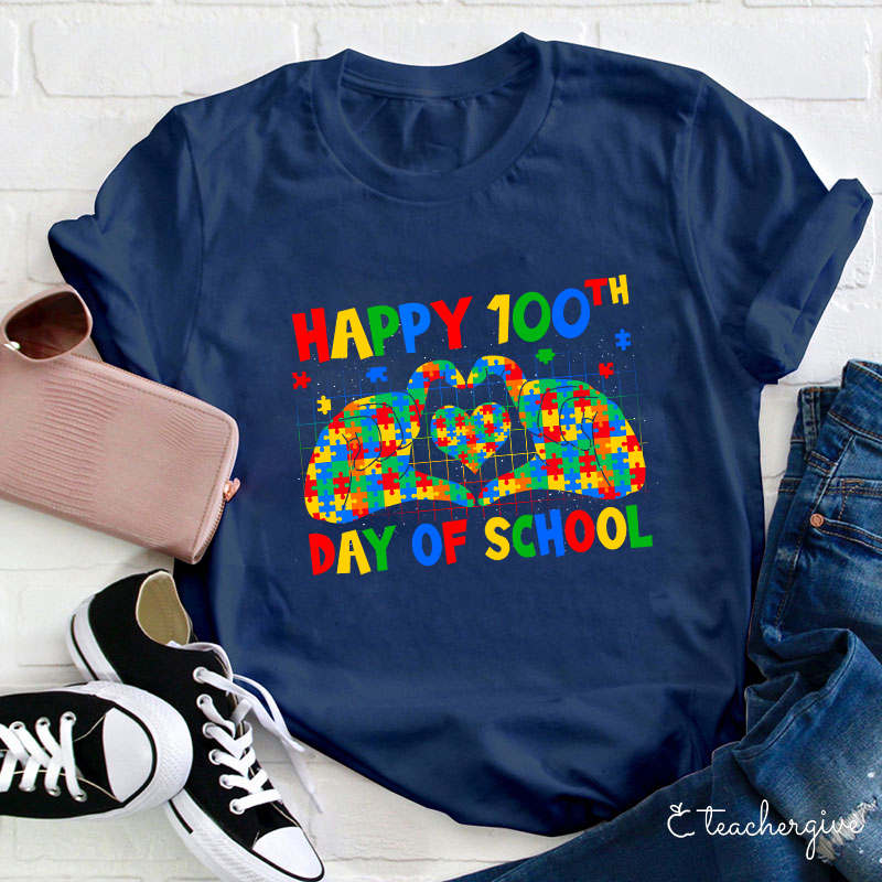 Happy 100th Day Of School Colorful Puzzles SLP Teacher T-Shirt