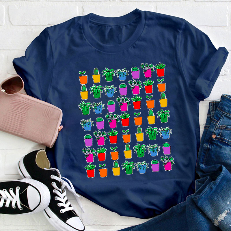 Colorful Potted Plant Teacher T-Shirt