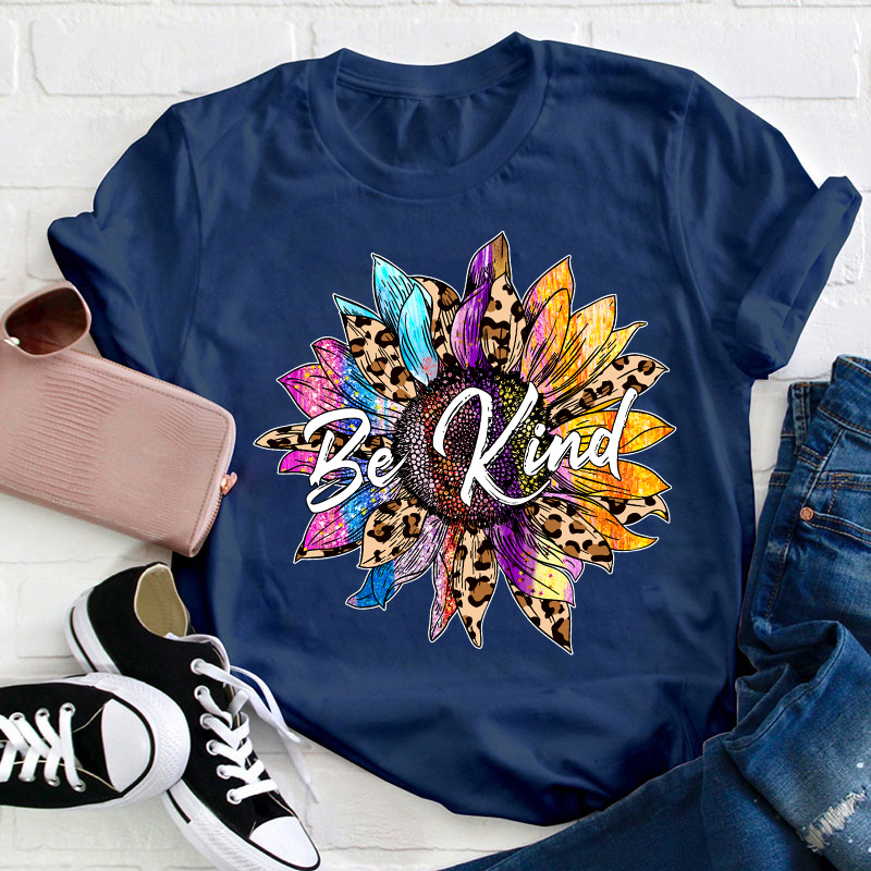 Be Kind Colorful Leopard Sunflower Teacher T-Shirt