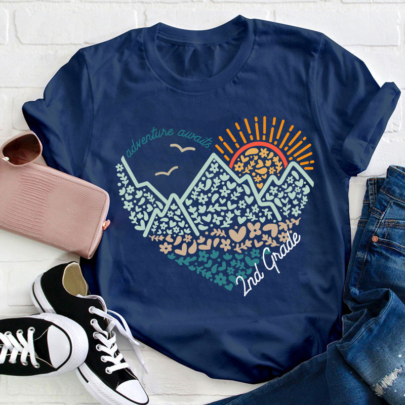 Personalized Grade Adventure Awaits Flower Mountain Sun Teacher T-Shirt