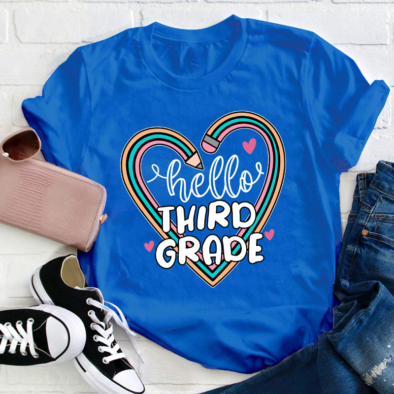 Personalized Grade Hello Pencil Heart Teacher T-Shirt