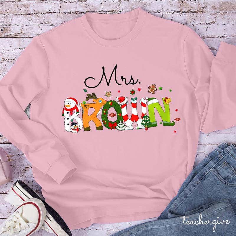Personalized Christmas Style Long Sleeve Teacher T-Shirt