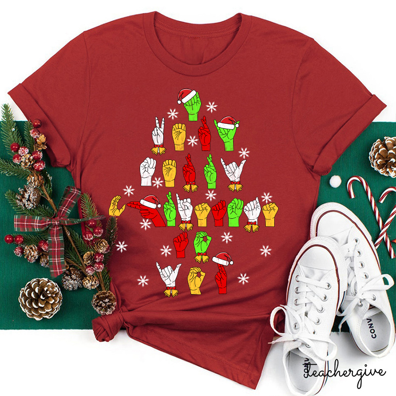 Hand Gesture Christmas Tree Teacher T-Shirt