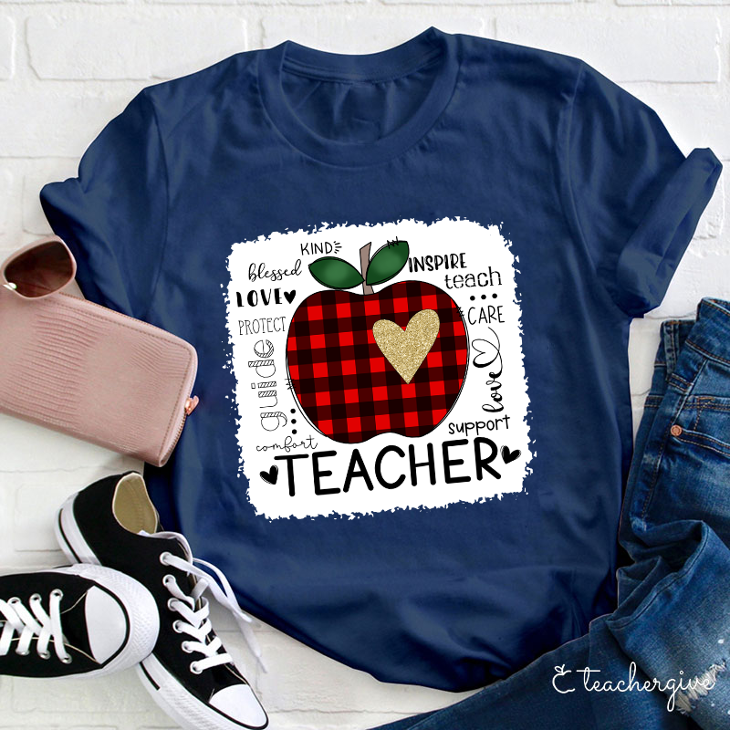Red Plaid Apple Teacher Life Teacher T-Shirt
