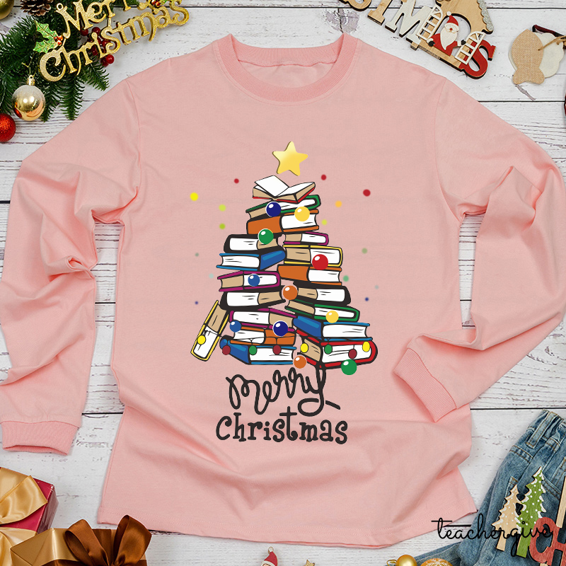 Merry Christmas Books Teacher Long Sleeve T-Shirt