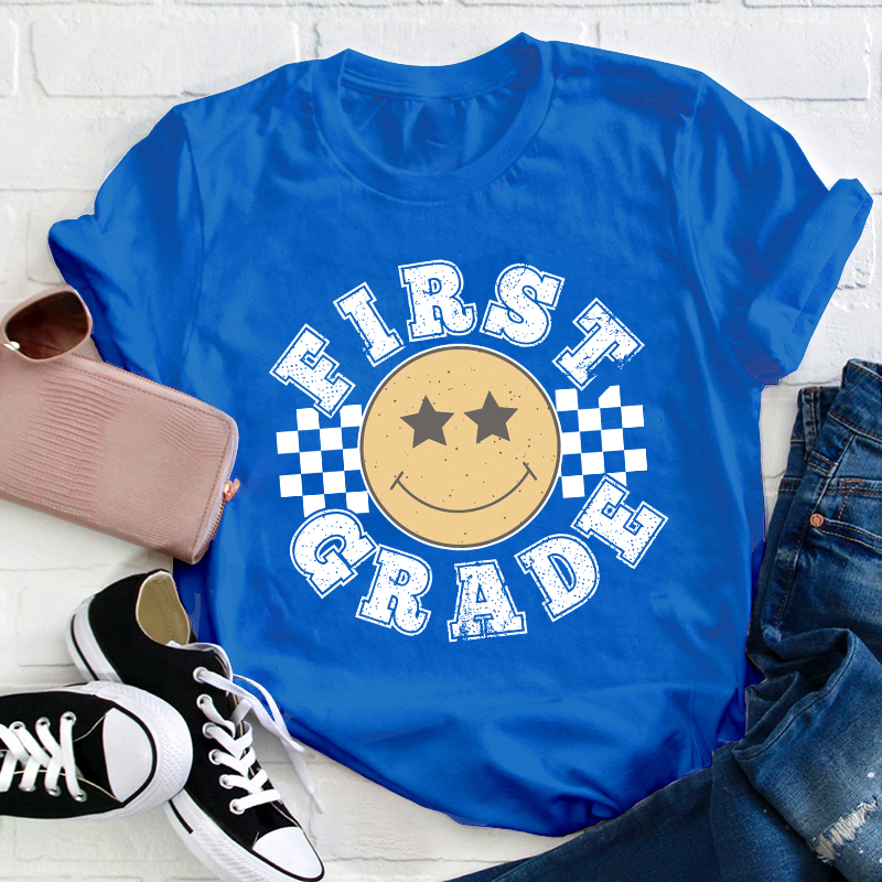 Personalized Grade Checkered Smiley Face Teacher T-Shirt