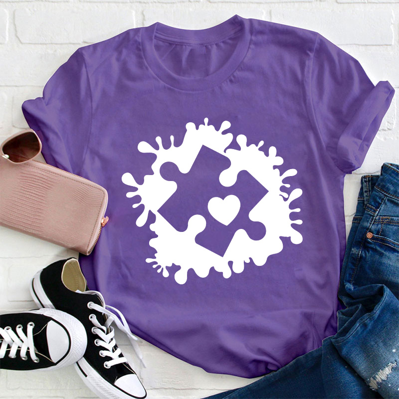 Puzzle Paint Splatter Autism Awareness Teacher T-Shirt