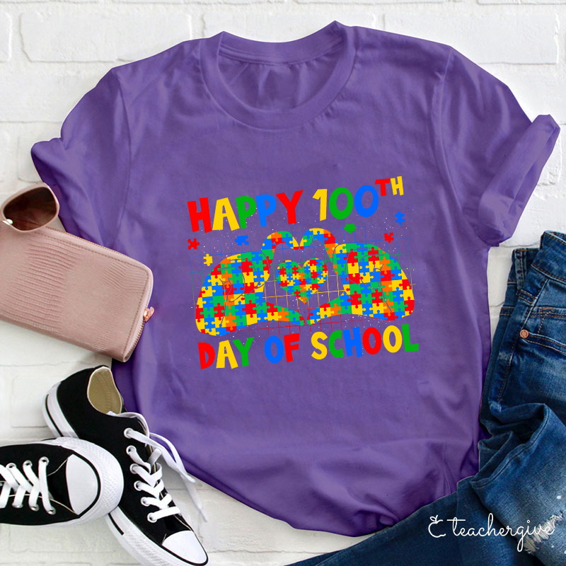 Happy 100th Day Of School Colorful Puzzles SLP Teacher T-Shirt