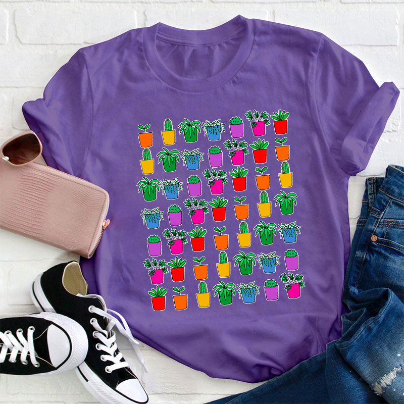 Colorful Potted Plant Teacher T-Shirt