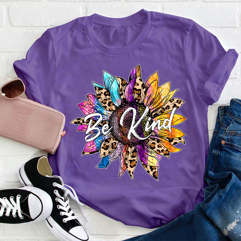 Be Kind Colorful Leopard Sunflower Teacher T-Shirt