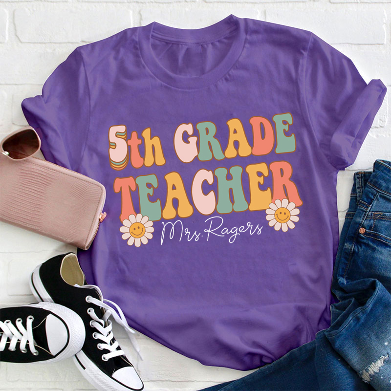 Personalized Pink Flowers Teacher T-Shirt