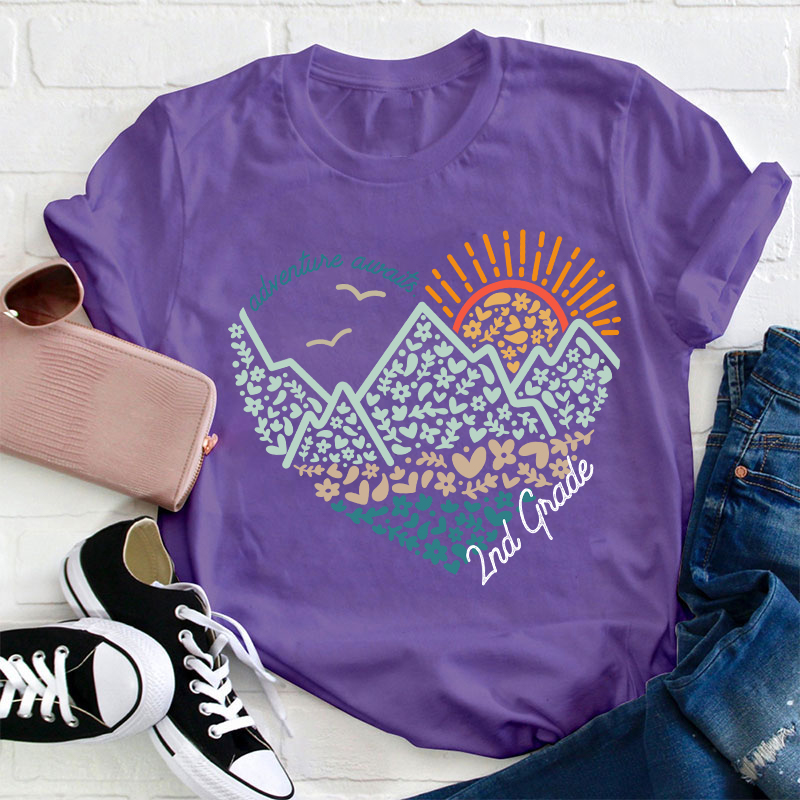 Personalized Grade Adventure Awaits Flower Mountain Sun Teacher T-Shirt