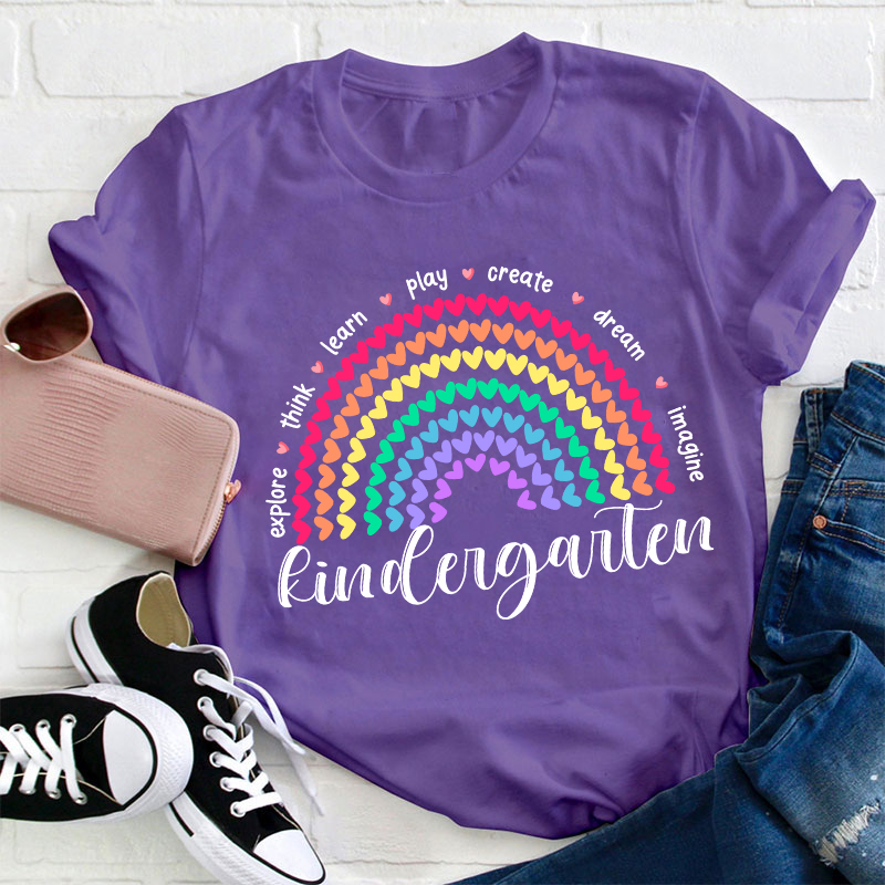 Personalized Grade Kindergarten Explore Think Learn Teacher T-Shirt