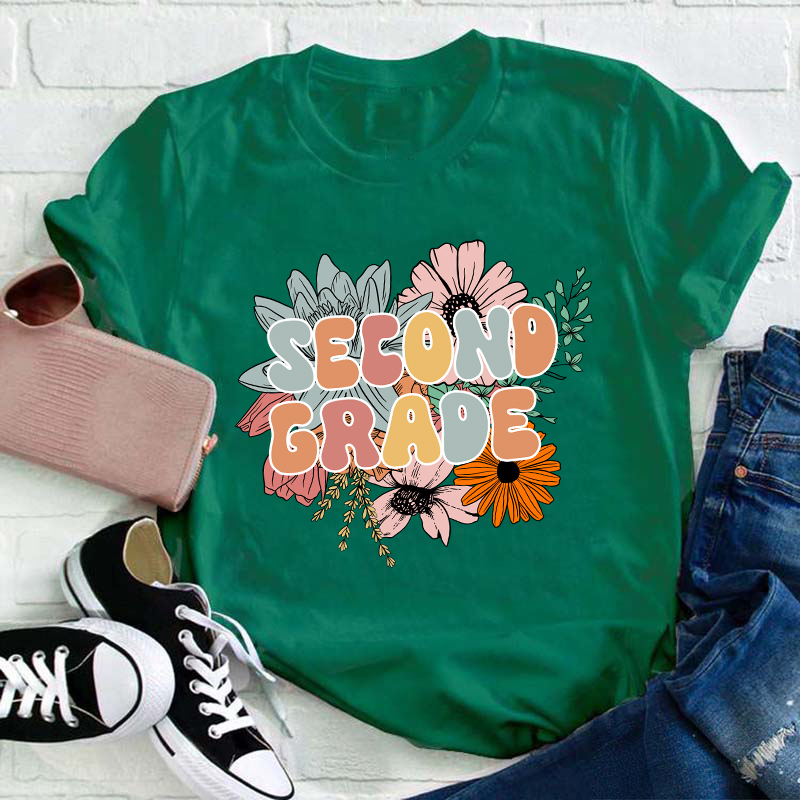 Personalized Grade Flowers Teacher T-Shirt