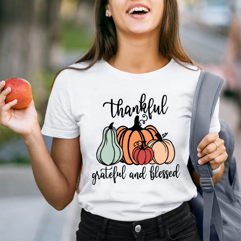 Thankful Grateful And Blessed Pumpkin Teacher T-Shirt