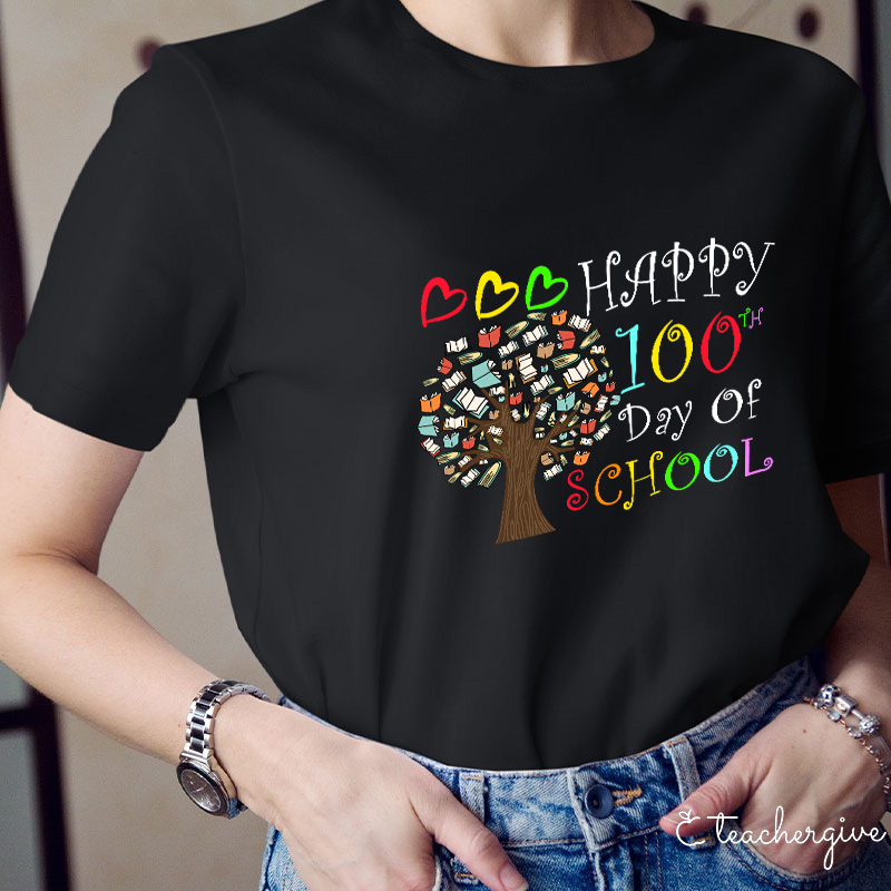 Happy 100 Day Of School Book Tree Teacher T-Shirt