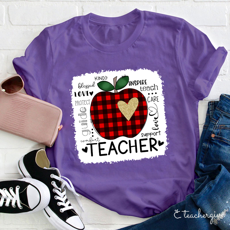 Red Plaid Apple Teacher Life Teacher T-Shirt
