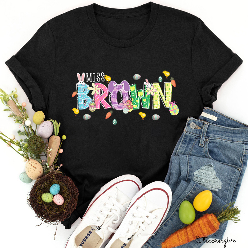 Personalized Easter Bunnies Hoppy Day Teacher T-Shirt