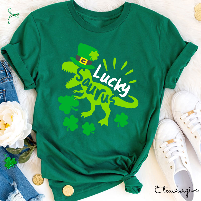 Luck Saurus Eating Clovers Teacher T-Shirt
