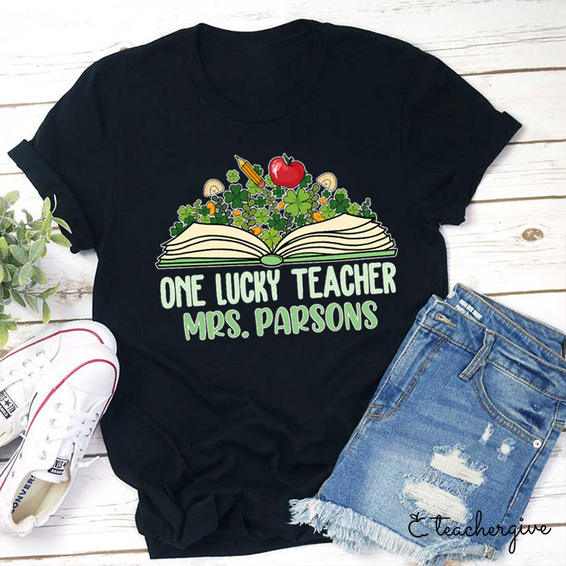 Personalized Name One Lucky Teacher Book And Cloves Teacher T-Shirt