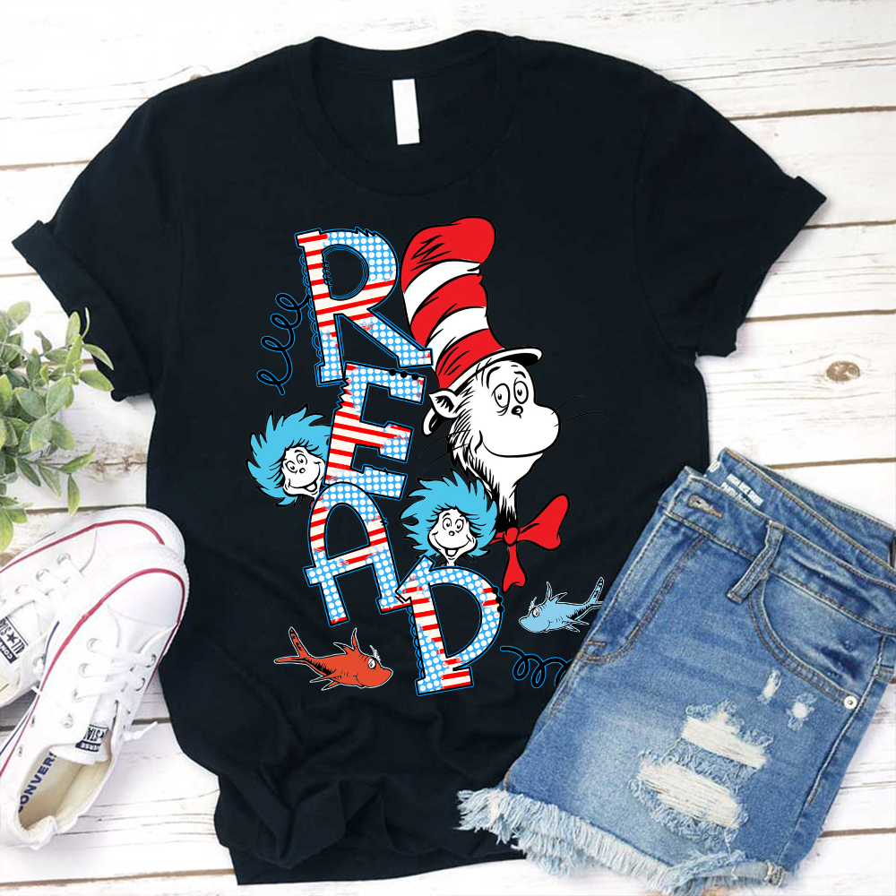 READ Letter Cat Wearing Hat T-Shirt