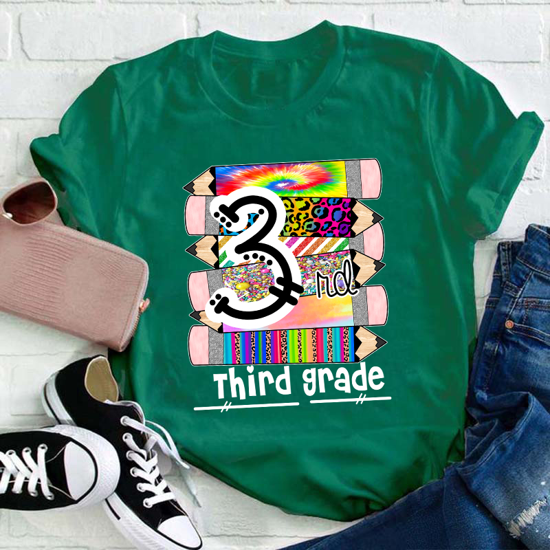 Personalized Grade Brilliant Colors Pencils Teacher T-Shirt