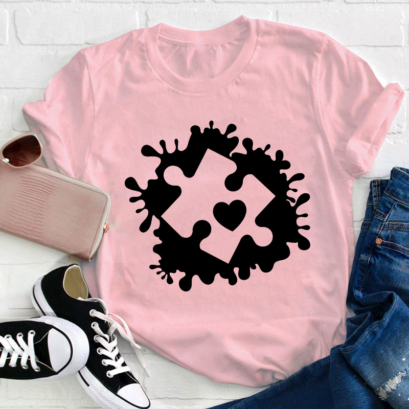Puzzle Paint Splatter Autism Awareness Teacher T-Shirt