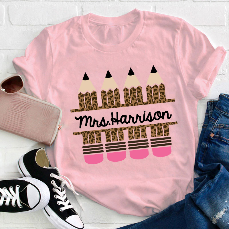 Personalized Name Pink Leopard Pencil Teacher T-Shirt