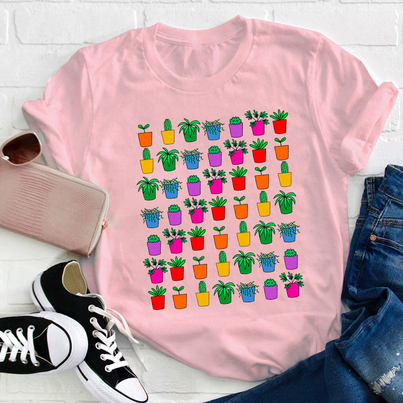 Colorful Potted Plant Teacher T-Shirt
