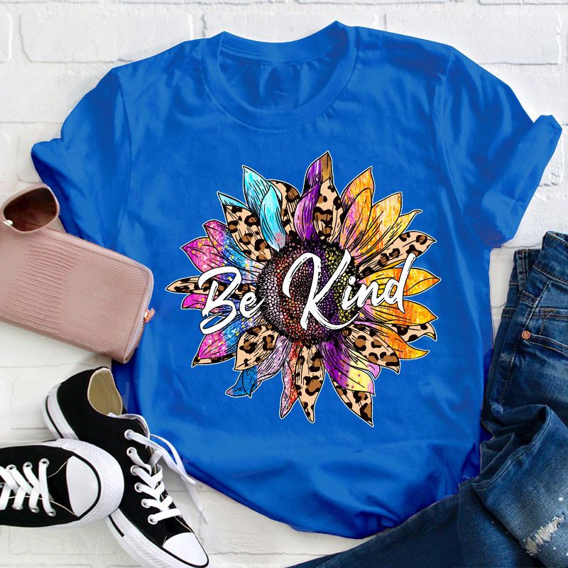 Be Kind Colorful Leopard Sunflower Teacher T-Shirt